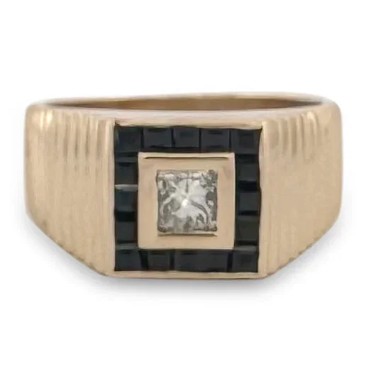 0.50ct Princess Cut Natural Diamond and Sapphire Men’s Ring in 14k Yellow Gold