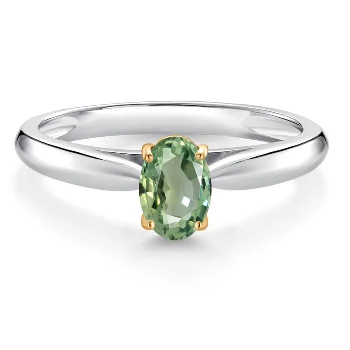 0.55 Cttw 6X4MM Oval Green Sapphire 10K White and Yellow Gold Solitaire Engagement Ring For Women | Gemstone Birthstone