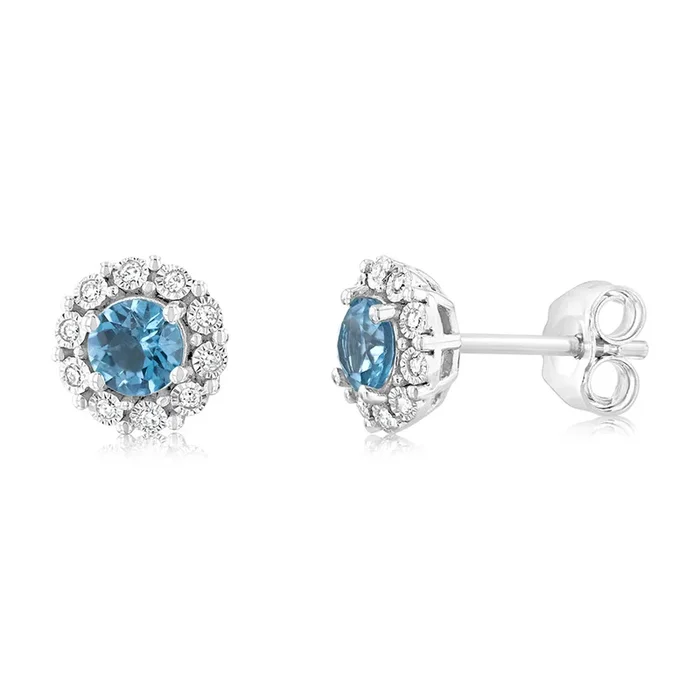 0.60 Carat London Blue Topaz and Diamond Stud Earrings in 9ct White Gold