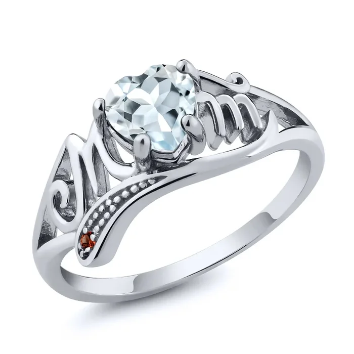 0.74 Ct Heart Shape Sky Blue Aquamarine Red Garnet 925 Sterling Silver Ring