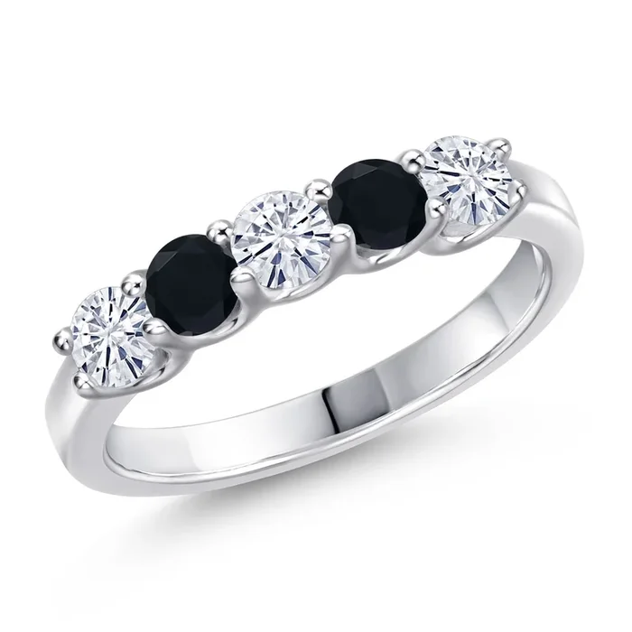 0.74 Cttw White Moissanite and Black Onyx Wedding-Bands Ring For Women | 925 Sterling Silver | Round 3.5MM | Gemstone Birthstone | Wedding Engagement Anniversary Ring