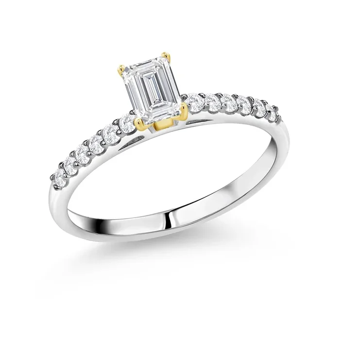0.88 Cttw IGI Certified Lab Grown Diamond in 925 Sterling Silver Ring with 10K Yellow Gold Prongs Engagement Ring for Women | Emerald Cut Center Diamond 0.70 Ct | E-F | VS1-VS2