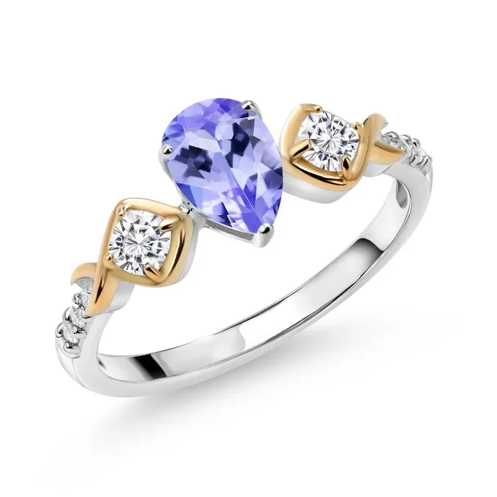 0.97 Cttw Blue Tanzanite White Moissanite and White Lab Grown Diamond Women Ring for Women | 925 Sterling Silver and 10K Yellow Gold | Pear Shape 7X5MM | Size 5-9