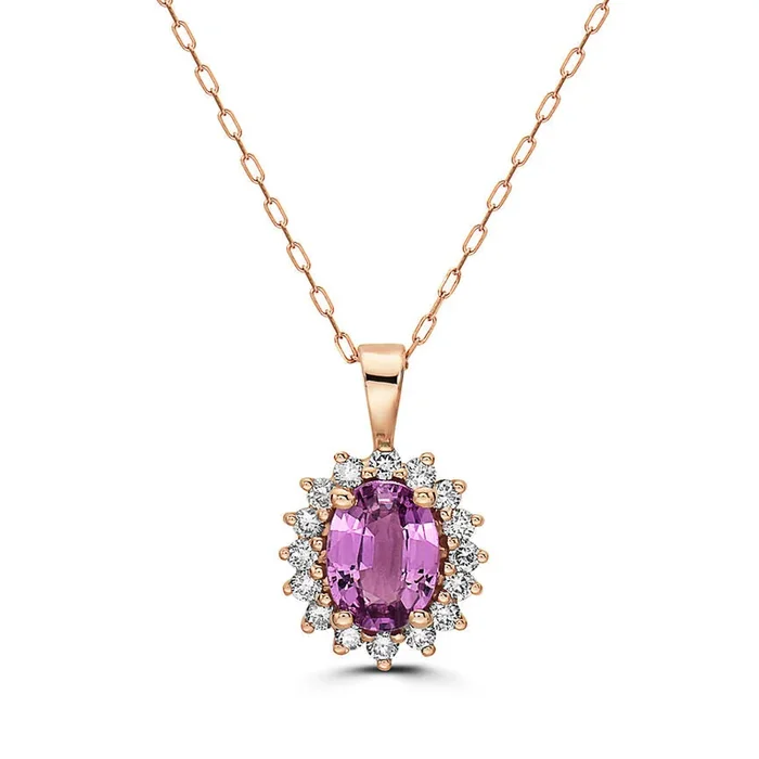 1 1/2 cts Pink Sapphire and Diamond Necklace in 14K Rose Gold by Birthstone