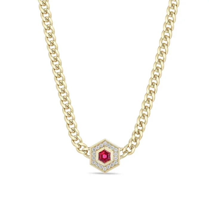 1.24 ctw Pink Tourmaline Halo Hexagon Curb Chain Necklace