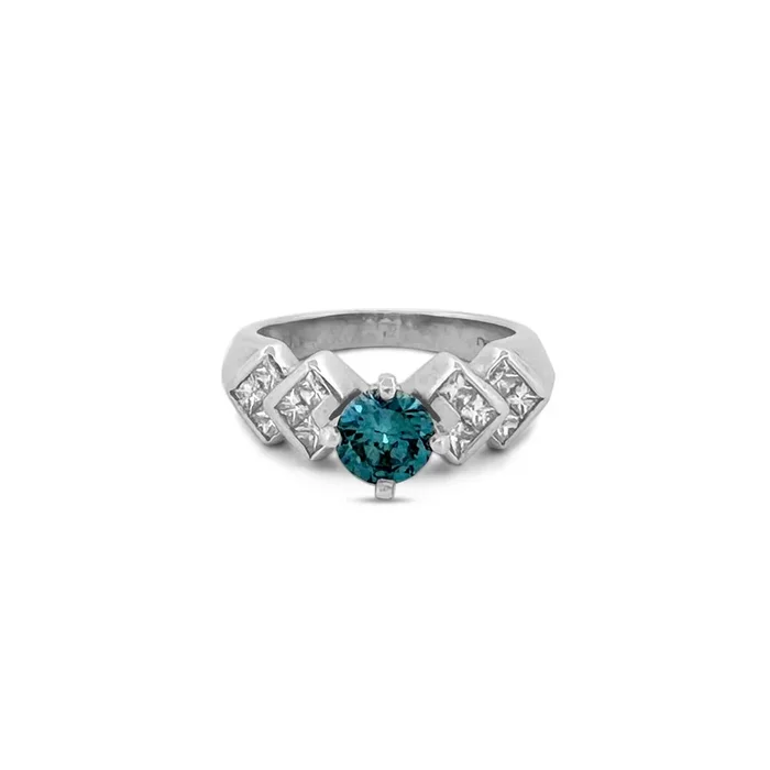 1.30ctw Irradiated Blue Round Brilliant & Princess Cut Diamond Cocktail Ring in 14k White Gold