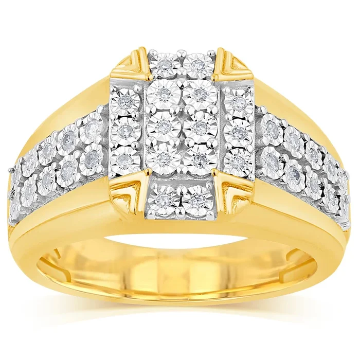 1/4 Carat Diamond Men’s Ring with 32 Round Diamonds in 9ct Yellow Gold