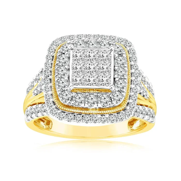 1.40 Carat Diamond Cushion Cluster Ring in 14ct Yellow Gold