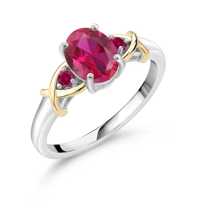 1.45 Cttw Oval Red Created Ruby Ring For Women | 2 Tone 925 Sterling Silver and 10K Yellow Gold | Wedding Engagement Anniversary Promise Ring For Women | Available In Size 5 – 9