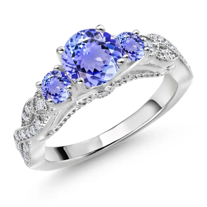 1.47 Cttw Blue Tanzanite and White Moissanite Engagement Ring For Women | 925 Sterling Silver | Gemstone December Birthstone | Round 6MM and 3MM