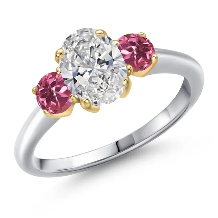 1.50cttw 10K White Gold IGI Certified Lab Grown Diamond and Pink Tourmaline 3-Stone Engagement Ring For Women | Center 1.00 Ct Diamond | E-F Color | VS1-VS2 Clarity