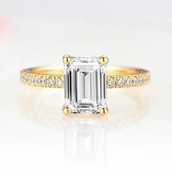 1.5CT Emerald Cut Moissanite Engagement Ring in 14K Solid Yellow Gold
