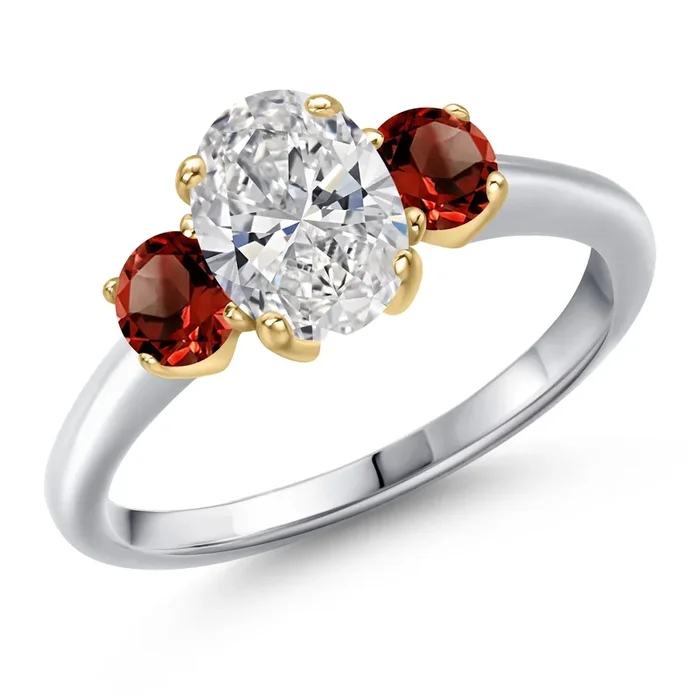 1.74cttw 10K White Gold IGI Certified Lab Grown Diamond and Red Garnet 3-Stone Engagement Ring For Women | Center 1.00 Ct Diamond | E-F Color | VS1-VS2 Clarity
