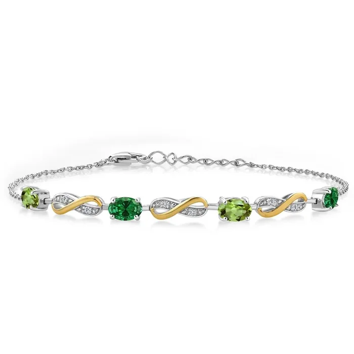 1.75 Cttw Green Peridot Green Created Emerald and Lab Grown Diamond 925 Silver and 10K Yellow Gold Infinity Bracelet For Women | Fully Adjustable Up to 7.5 Inch