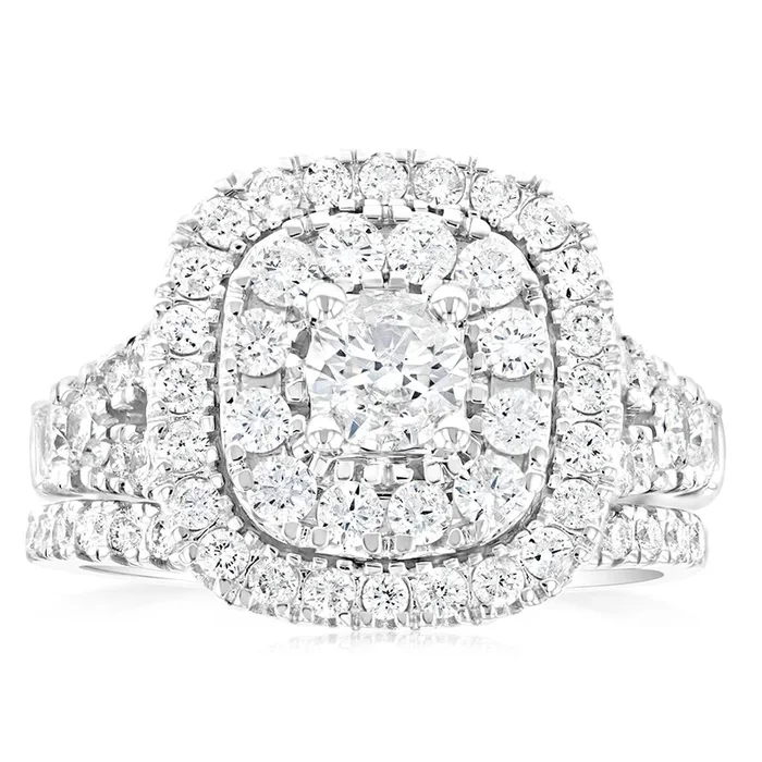 1.90 Carat Diamond Cushion Shape Bridal Set in 10ct White Gold
