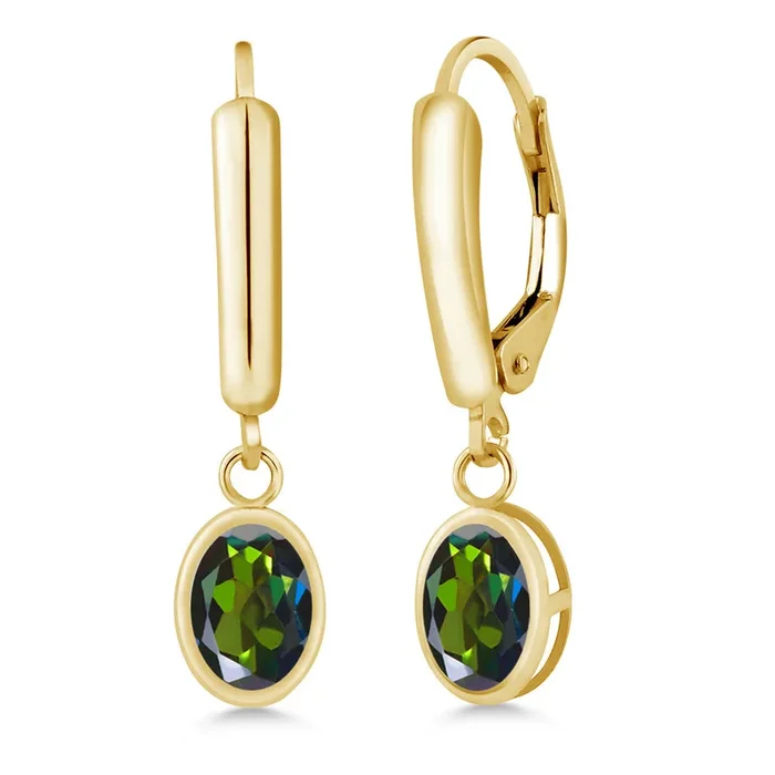 1.90 Ct Oval Forest Green Mystic Topaz 14K Yellow Gold Earrings