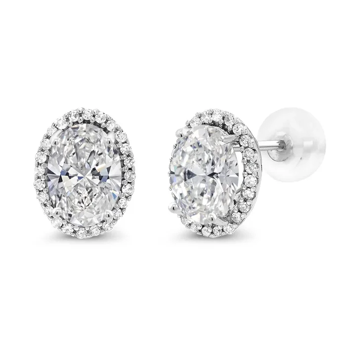 1.90 Cttw 10K White Gold Oval White lab Grown Diamond Halo Stud Earrings | DEF Color | VVS-VS Clarity | Oval 7X5MM | Gold Earrings For Women