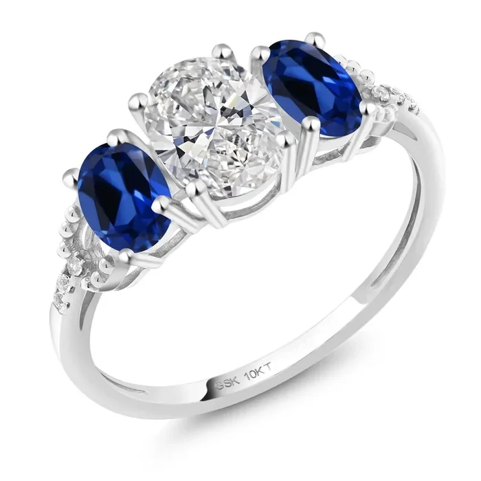 1.92 Cttw 10K White Gold Lab Grown Diamond and Blue Created Sapphire 3-Stone Engagement Ring | Center Oval Diamond 0.70 Ct | DEF Color | VVS-VS Clarity