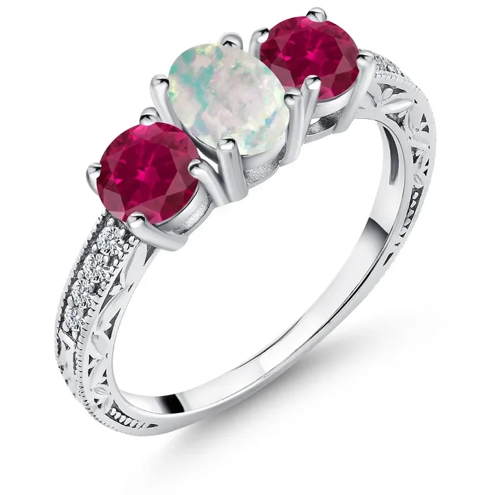 1.95 Cttw Oval Cabochon White Simulated Opal and Red Created Ruby Ring For Women | 925 Silver | Gemstone Birthstone | Wedding Engagement Anniversary Promise Ring For Women