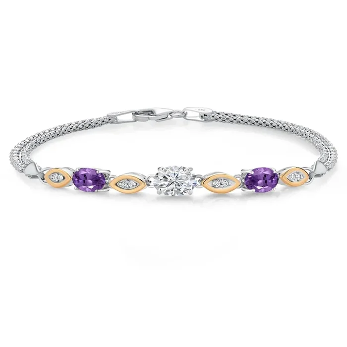 1.98 Cttw 925 Silver and 10K Yellow Gold IGI Certified Lab Grown Diamond and Purple Amethyst Bracelet For Women | Center Diamond 1 Ct | E-F Color | VS1-VS2 Clarity | 6.5/7/7.5 Inches