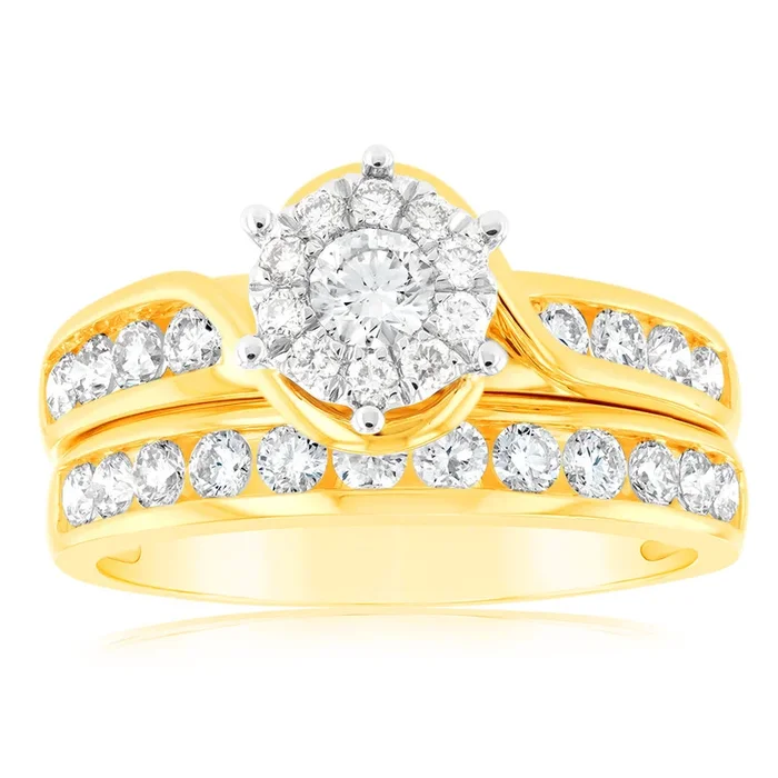 1 Carat Diamond 2-Ring Bridal Set in 9ct Yellow Gold