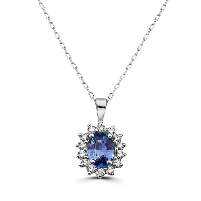 1 cts Blue Sapphire and Diamond Necklace in 14K White Gold by Birthstone