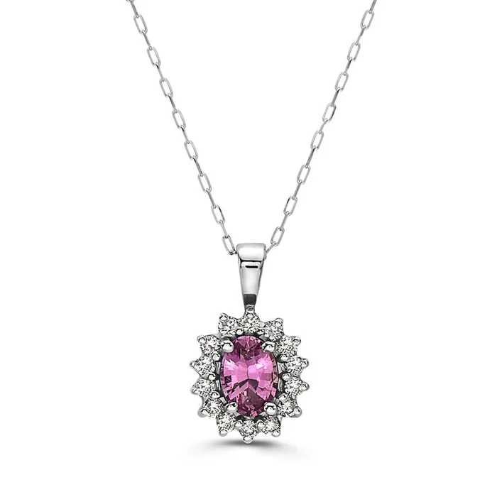 1 cts Pink Sapphire and Diamond Necklace in 14K White Gold by Birthstone