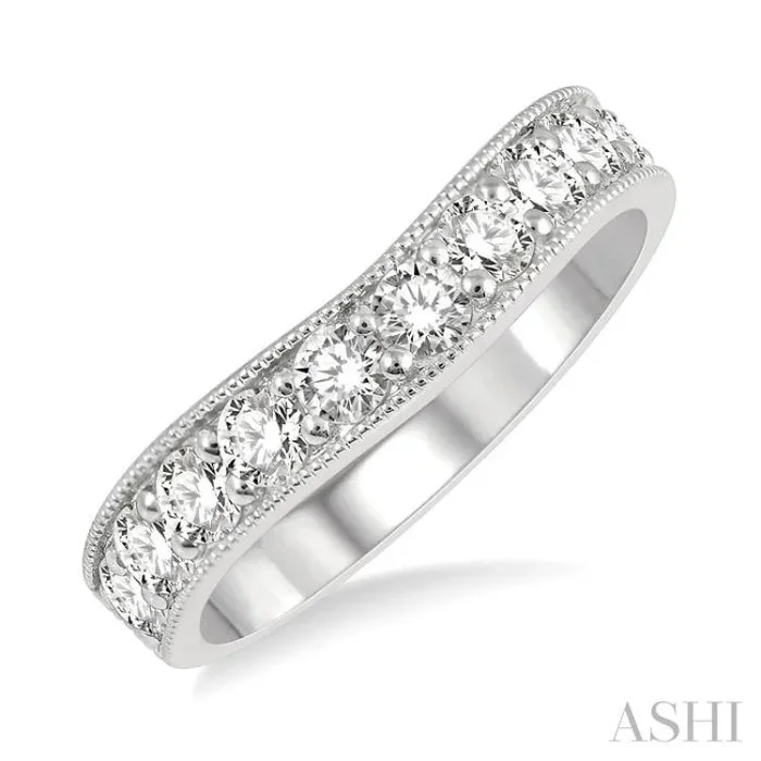 1 Ctw Curved Center Milgrain Border Round Cut Diamond Wedding Band in 14K White Gold
