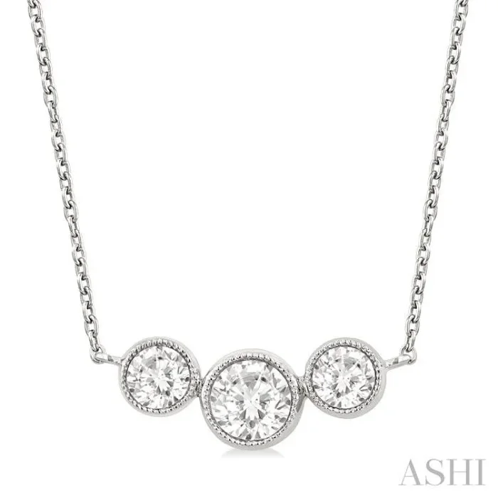 1 Ctw Past, Present & Future 3-Stone Bezel Set Round Cut Diamond Necklace in 14K White Gold