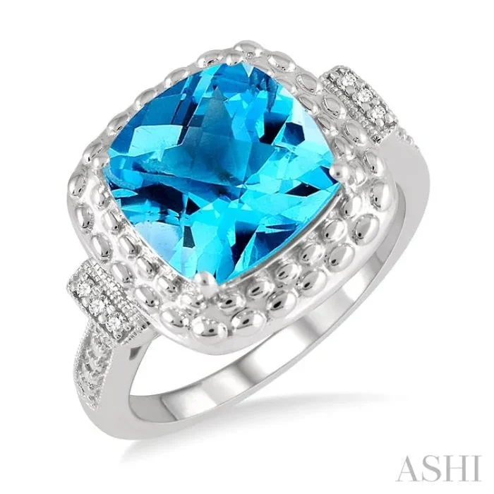 10×10 MM Cushion Shape Blue Topaz and 1/50 Ctw Round Cut Diamond Semi-Precious Ring in Sterling Silver