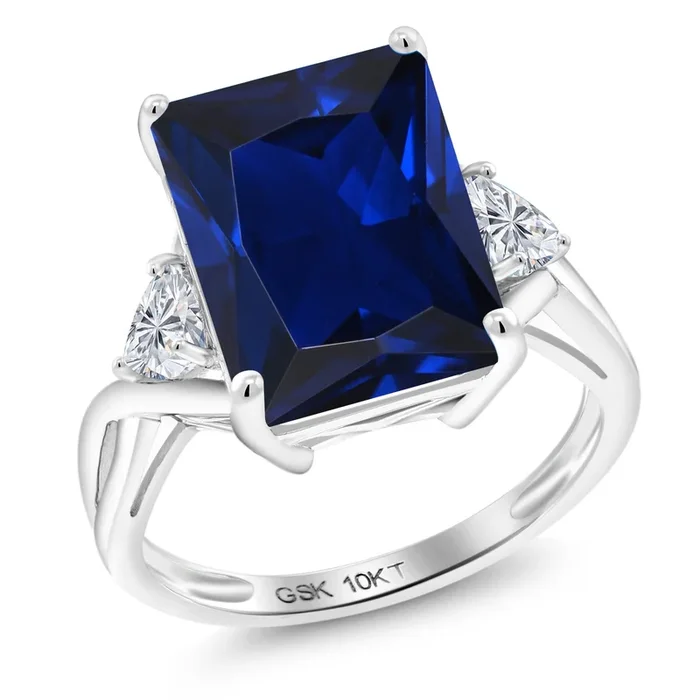 10.44 Cttw 10K White Gold Blue Created Sapphire and Lab Grown Diamond Engagement Ring For Women | | Emerald Cut 14X10MM | Trillion 4MM