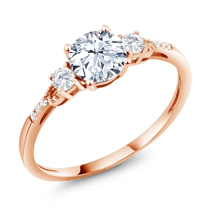 10K Rose Gold 6MM Round Gemstone Birthstone White Created Sapphire and White Diamond Accent 3-Stone Engagement Ring | Three-Stone Wedding Anniversary Promise Ring For Women