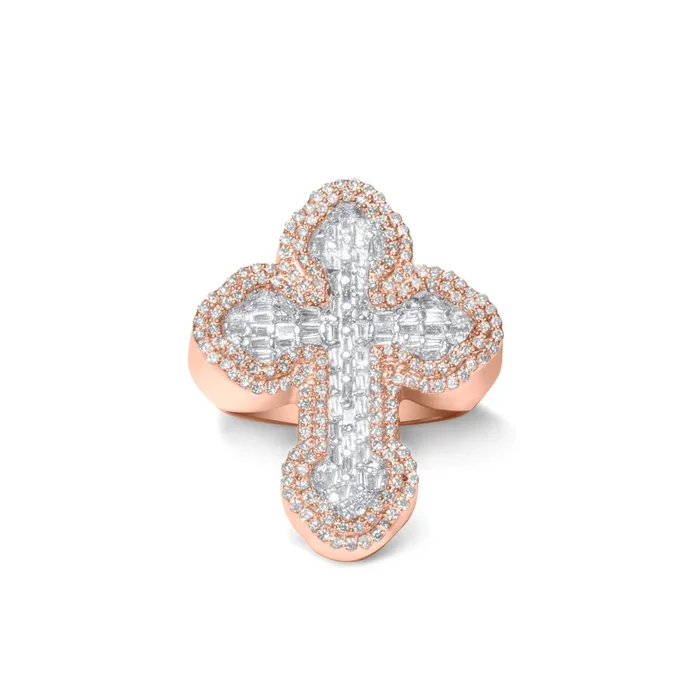 10k Rose Gold Diamond Baguette Cross Ring 1.30 ctw
