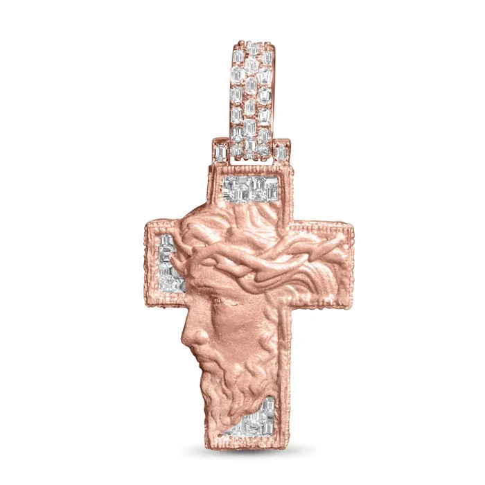 10k Rose Gold Diamond Baguette Jesus Head Pendant 1.02 ctw