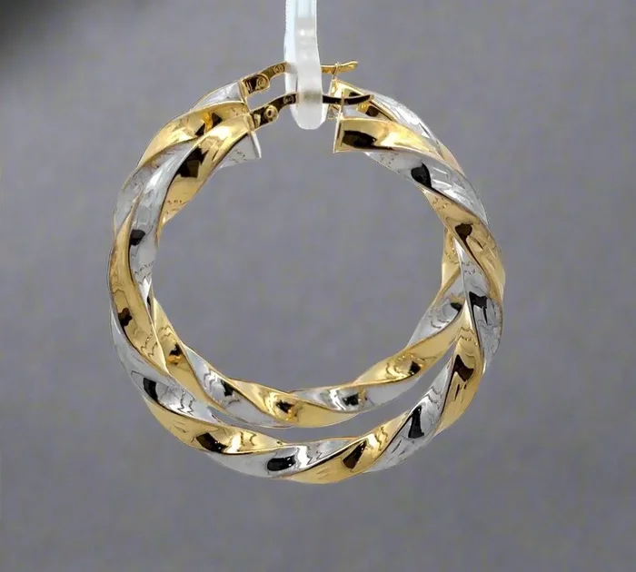 10K Two-toned Yellow and White Gold 1.7″ Twist Hoop Earrings