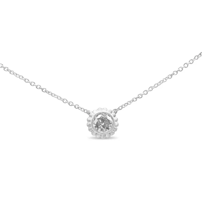 10K White Gold 1/4 Cttw Bezel-Set Round Diamond Solitaire Floral Pendant 18″ Necklace (I-J Color, SI2-I1 Clarity)