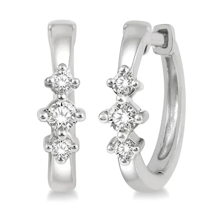 10K White Gold 12Mm Round Huggie Natural Diamonds Hoop Earrings
