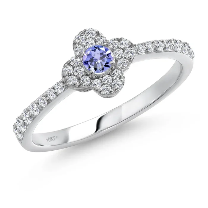 10K White Gold 2.5MM Gemstone Birthstone and Lab Grown Diamond Clover Ring | Wedding Engagement Anniversary Promise Flower Gold Ring For Women