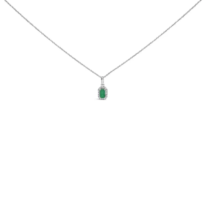 10K White Gold 5x3mm Gemstone and Diamond Accent Halo Octagonal Shape 18″ Pendant Necklace (I-J Color, I1-I2 Clarity)