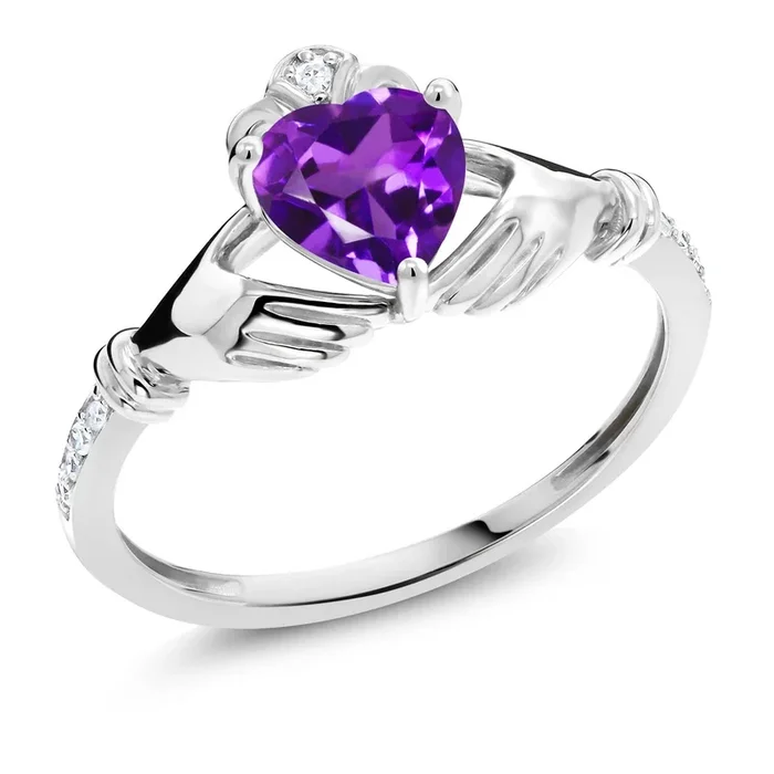 10K White Gold 6MM Heart Shape Gemstone Birthstone and White Diamond Irish Celtic Claddagh Engagement Ring | Gold Ring For Women | Available In Size 5, 6, 7, 8, 9