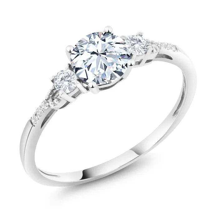 10K White Gold 6MM Round Gemstone Birthstone White Created Sapphire & White Diamond Accent 3-Stone Engagement Ring | Three-Stone Wedding Anniversary Promise Ring For Women