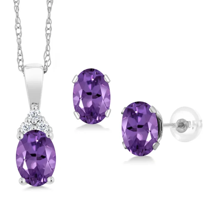 10K White Gold 6X4MM Oval Gemstone Birthstone and White Diamond Pendant Necklace Earrings Jewelry Set For Women | With 18 Inch Gold Chain