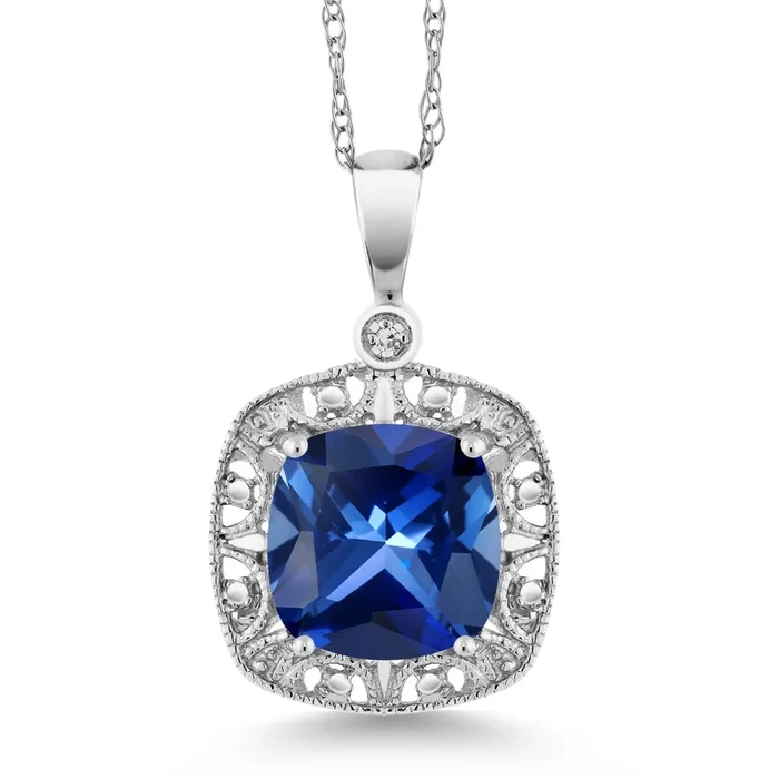 10K White Gold Blue Created Sapphire and Diamond Accent Pendant Necklace For Women (2.50 Cttw, Cushion 8MM, With 18 Inch Chain)