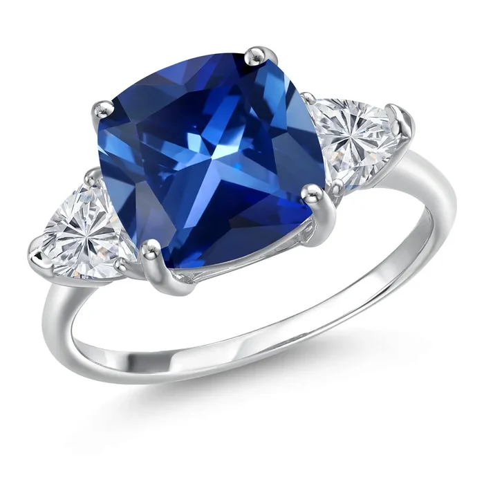 10K White Gold Blue Created Sapphire and Lab Grown Diamond Engagement Ring For Women | 6.06 Cttw | Cushion 10MM and Trillion 5MM | Gemstone Birthstone