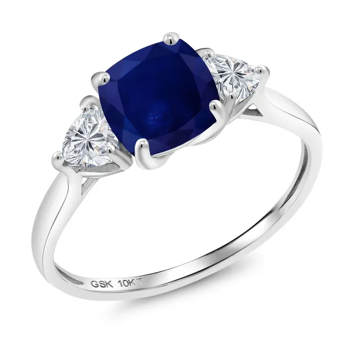 10K White Gold Blue Sapphire and Lab Grown Diamond 3-Stone Engagement Ring For Women | 2.44 Cttw | Cushion 7MM and Trillion 4MM | Gemstone Birthstone