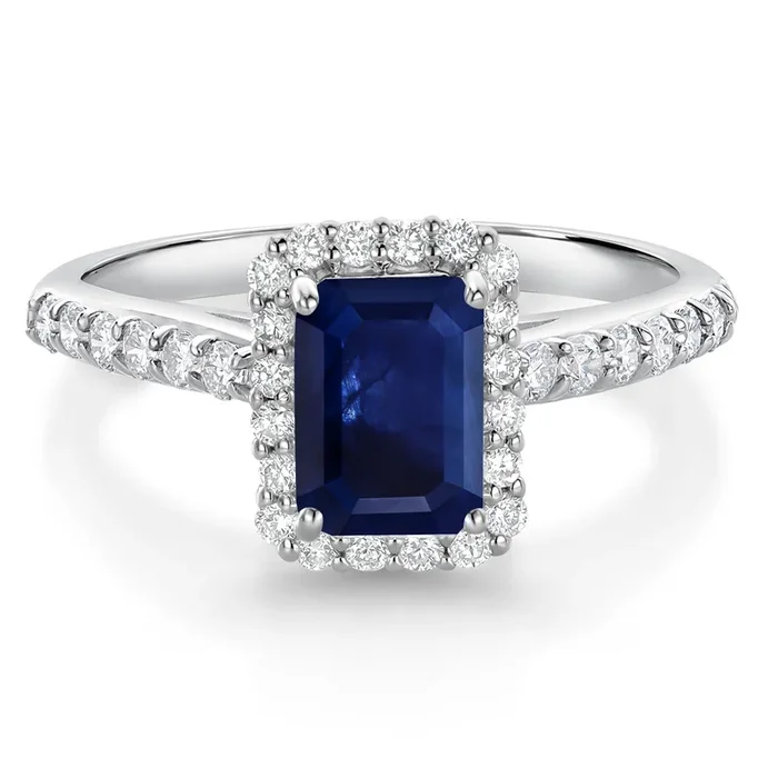 10K White Gold Blue Sapphire and White Lab Grown Diamond Halo Engagement Wedding Ring For Women | 1.90 Cttw ֿ| Emerald Cut 7X5MM | Wedding Anniversary Promise Ring For Women