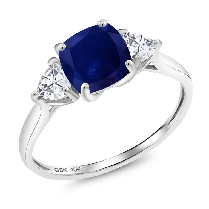 10K White Gold Blue Sapphire and White Moissanite Engagement Ring | 2.46 Cttw | 7MM Cushion and 4MM Trillion | Three Stone Wedding Engagement Anniversary Promise Ring For Women