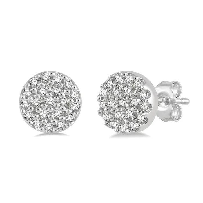 10K White Gold Button Natural Diamonds Earrings