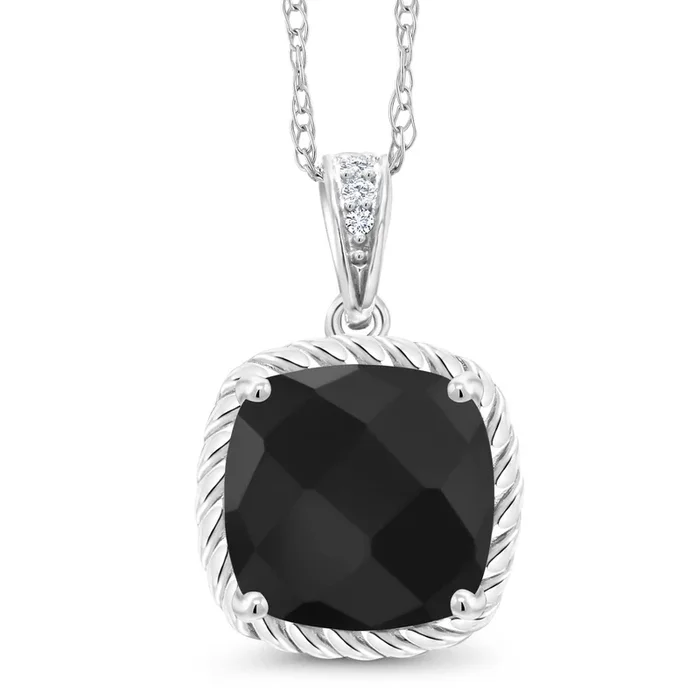 10K White Gold Cushion 8MM Gemstone Birthstone and White Diamond Pendant Necklace | Gold Necklace For Women | With 18 Inch Silver Chain