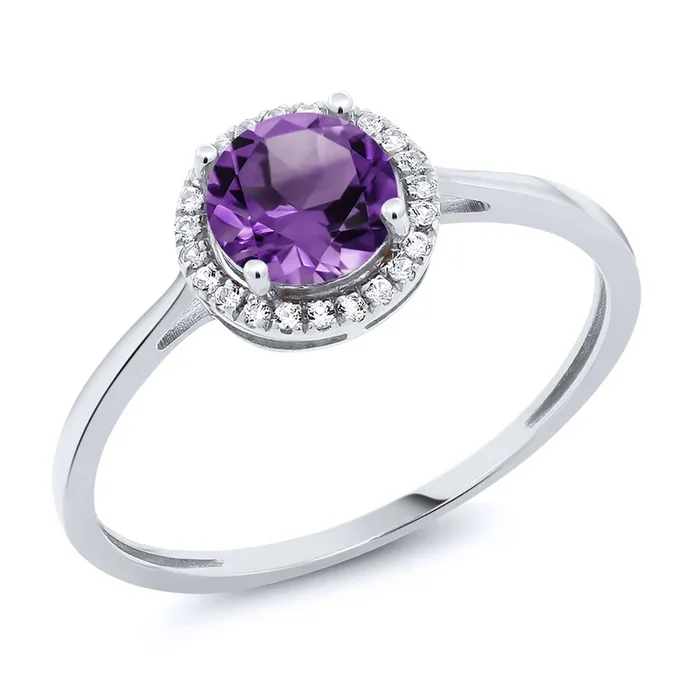 10K White Gold Gemstone Birthstone and Diamond Halo Promise Wedding Engagement Ring | Round 6MM | White Gold Ring For Women | Available In Size 5-9.5